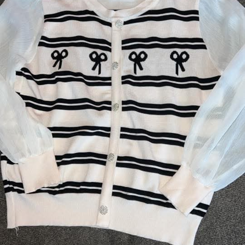 Elegant Black and White Striped Sweater with Sheer Sleeves